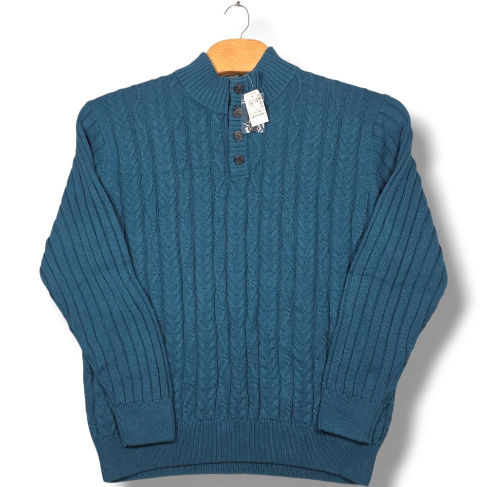 Jos A Bank‎ Sweater Mens L Teal Cable Knit Mock Neck Button Executive NWT Cotton